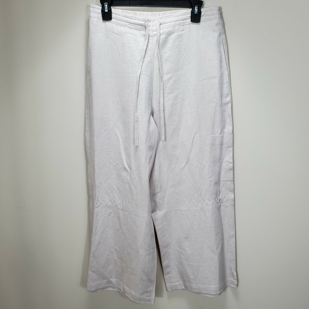 Coldwater Creek Tan Wide Leg Crop Pant‎ Linen Blend Womens M Pockets